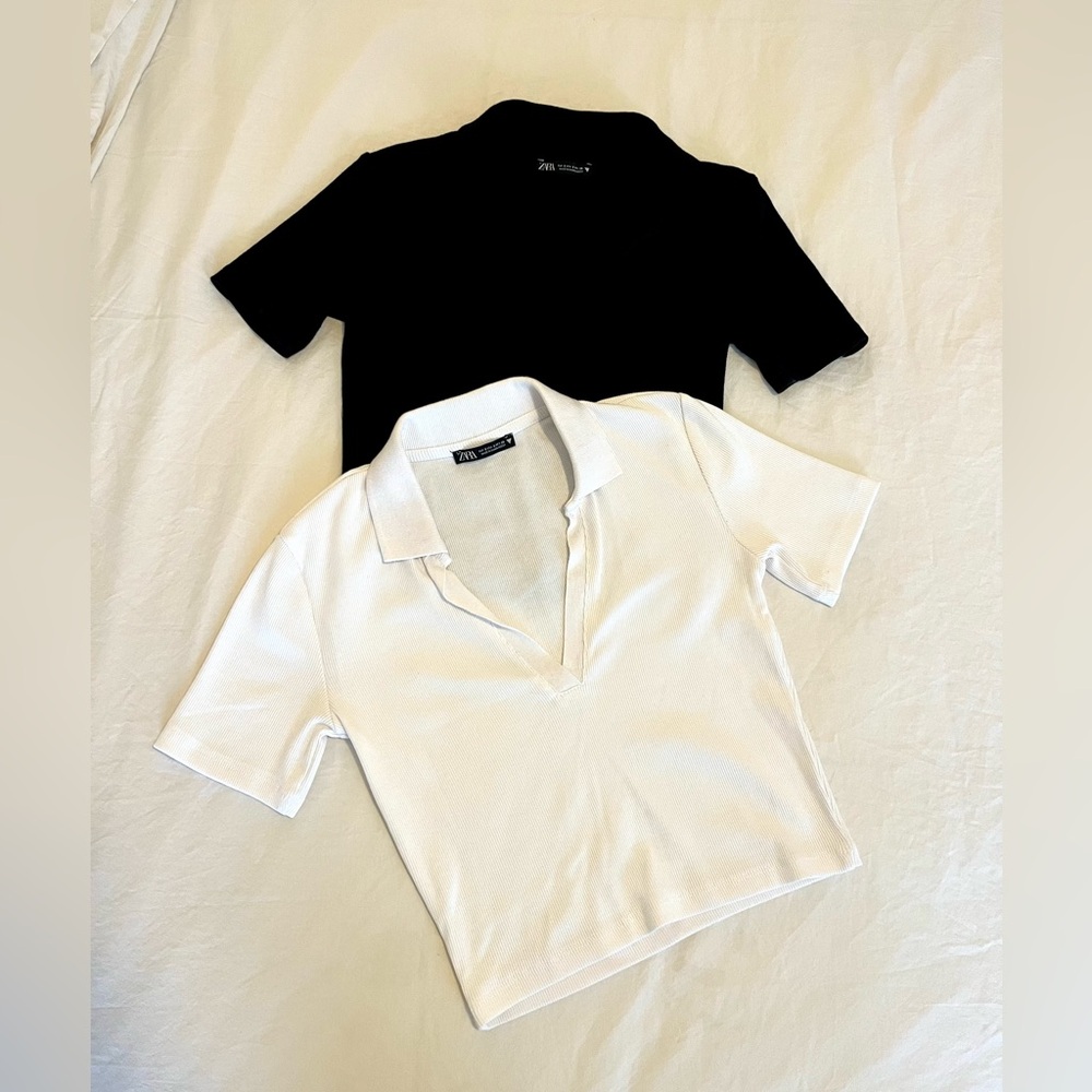 Zara Black and White Ribbed Cropped Polo Shirts Size Small